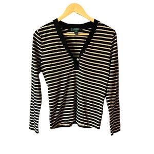 Ralph Lauren Black & Brown Striped Long Sleeve V-neck - Sz Small
